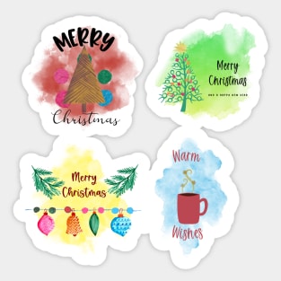 Merry Christmas Sticker Pack - Watercolor Designs - Christmas tree, Ornaments, Hot Chocolate Sticker